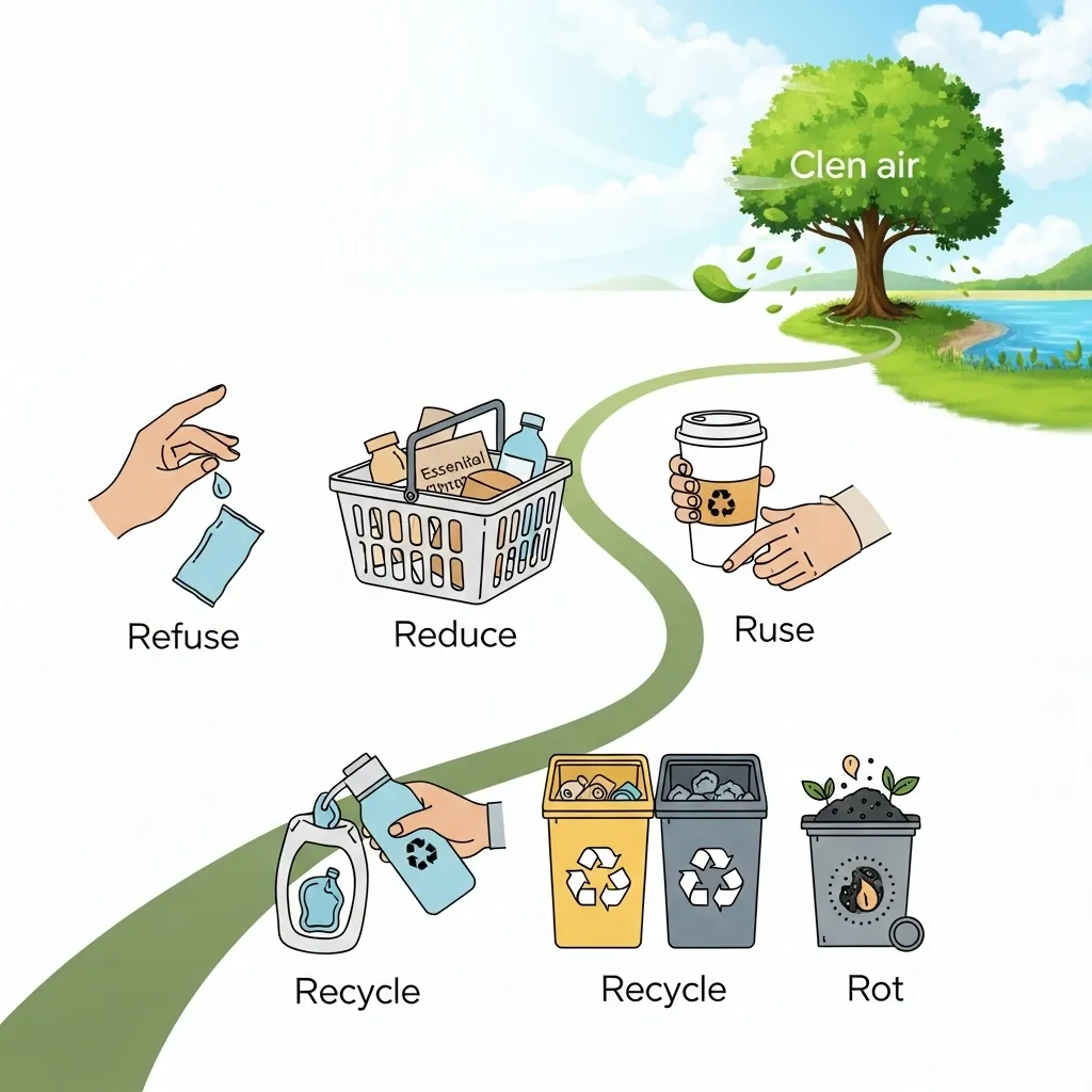 A visual narrative of small, conscious daily actions, represented by symbolic elements, contributing to a larger, positive environmental impact, illustrating the 'first step' and the journey towards a waste-free life.